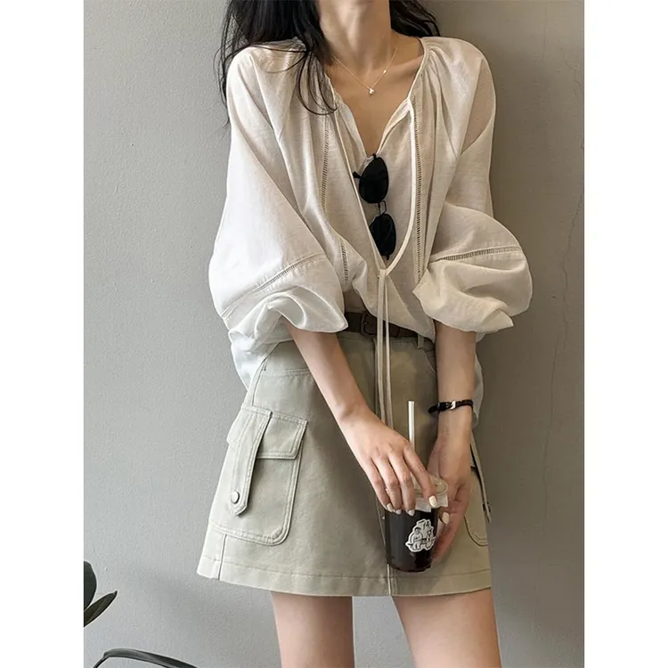 简约松弛感气质宽松薄款防晒长袖上衣高腰显瘦小众口袋休闲半身裙