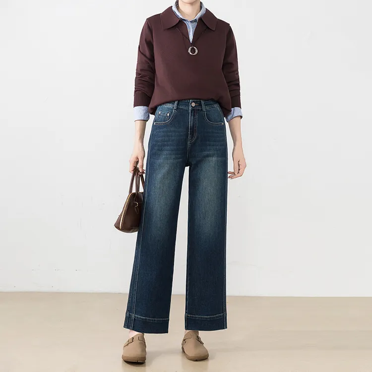 阔腿复古牛仔裤2025秋季新款高腰宽松直筒裤高端窄版小个子九分裤