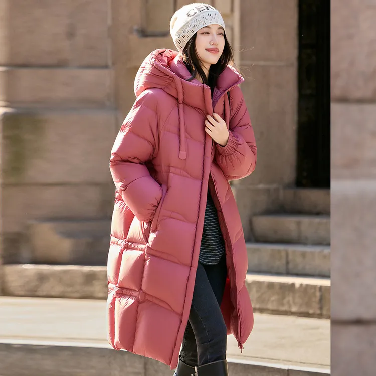 女士过膝长款宽松大码保暖棉衣简约时尚2025新款冬季韩版连帽棉服