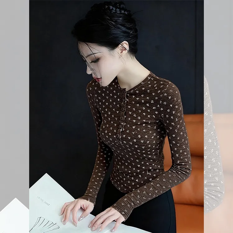 独特漂亮咖色碎花小衫内搭上衣设计小众洋气长袖t恤打底衫女秋冬