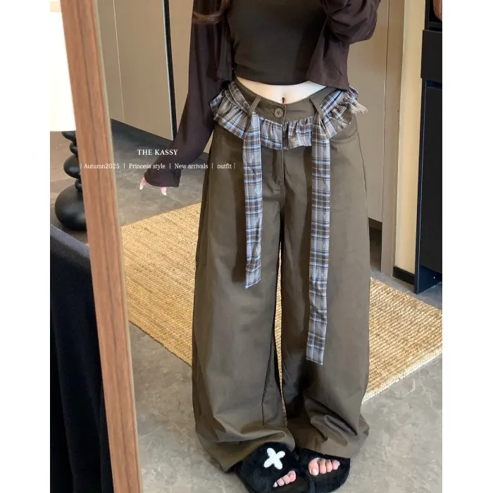 2025秋季新款复古设计感蕾丝格子花边宽松直筒牛仔裤阔腿长裤女潮