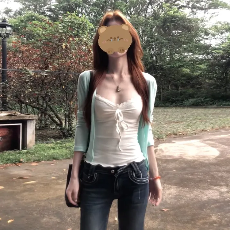 韩系纯欲白色v领蕾丝背心吊带女早秋女装粉色开衫防晒上衣两件套