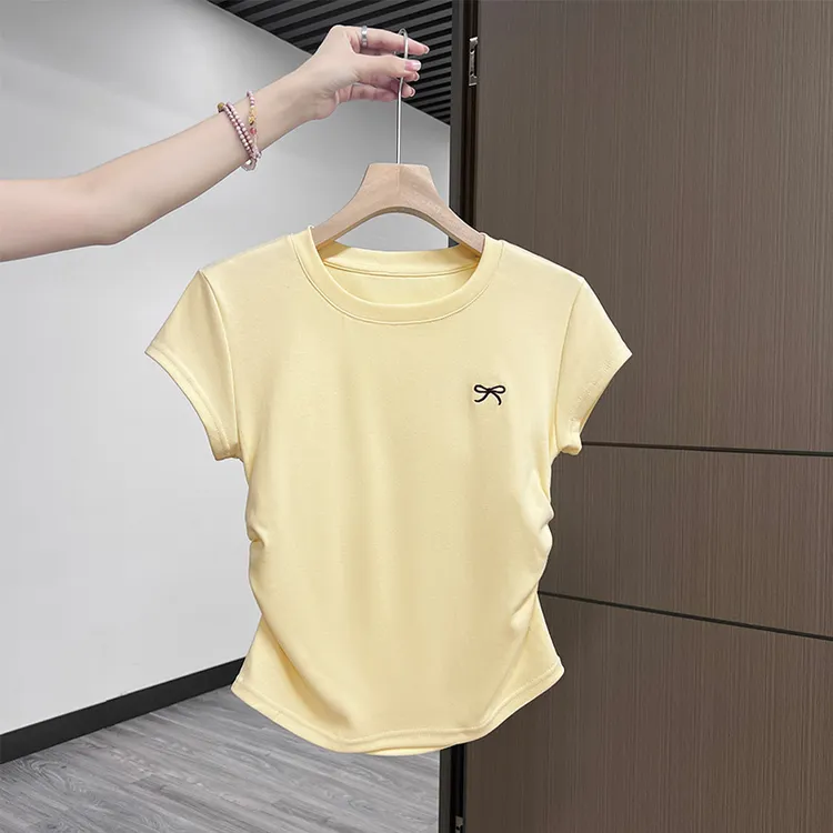女装夏季胖mm修身显瘦大码短款圆领刺绣洋气遮肚子百搭棉T恤潮流