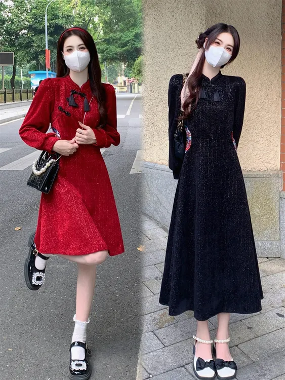 甜酷辣秋冬小香风加厚大码改良A字旗袍连衣裙 3520