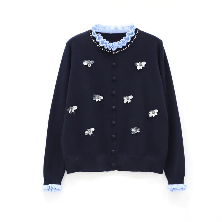 蝶恋花闪闪亮片荷叶边针织开衫长袖百搭毛衣ly10292HH