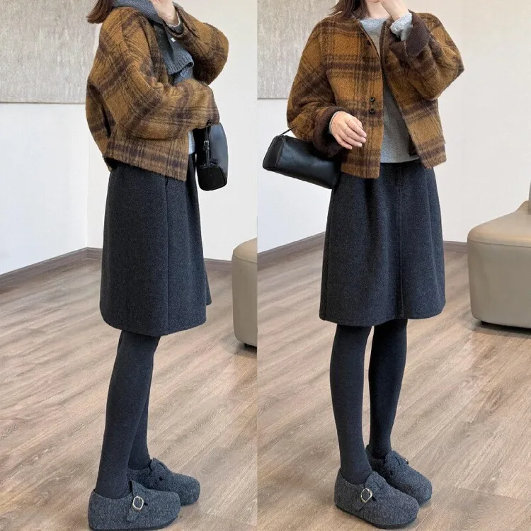 冬季巨好看高级感灰色毛呢半裙遮胯显瘦大码胖mm梨形身材a字中裙