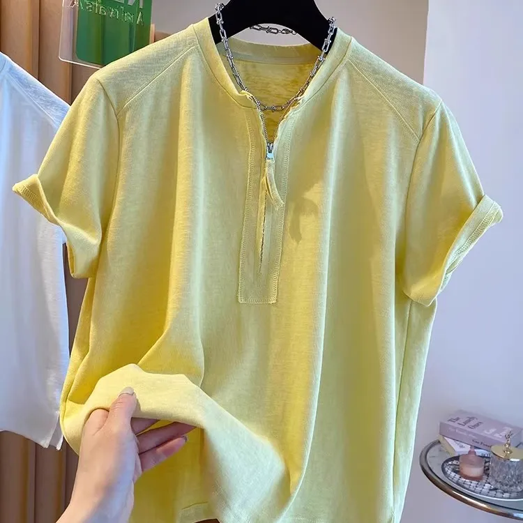300斤加大码夏季高级感黄色半拉链短袖t恤男2025新款宽松开叉上衣