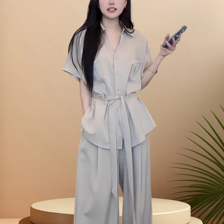 洋气显瘦短袖衬衫上衣阔腿裤两件套小个子休闲宽松轻熟气质两件套