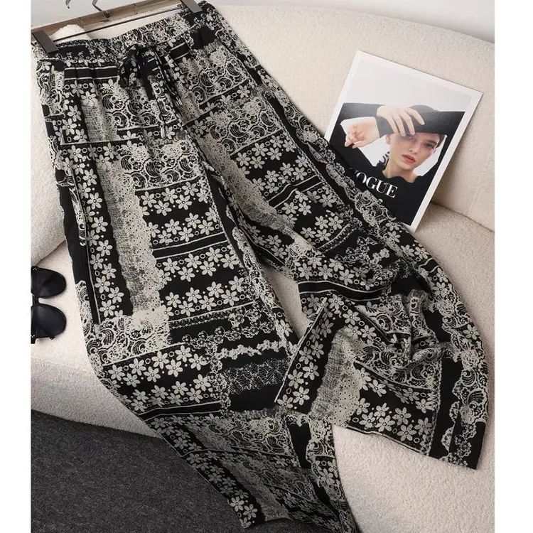 复古民族风印花休闲裤女2025夏季新款薄款高腰垂感宽松直筒阔腿裤