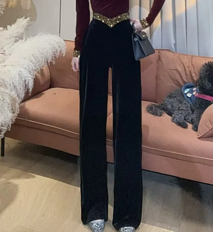 【美美专享】550311新款高腰垂感显瘦烫钻后橡筋腰头小直筒阔腿裤女