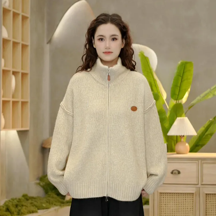 2216半高领慵懒针织开衫女秋冬季新款加厚双拉链宽松外套毛衣上衣
