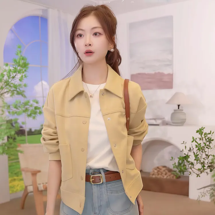 【雅丹风】茵曼25麂皮绒新款女复古休闲纯色百搭翻领长袖时尚短外套