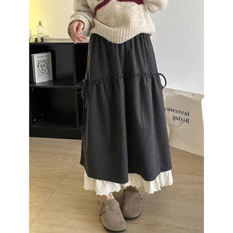 韩系甜美蕾丝花边拼接半身裙女秋冬毛呢中长款复古高腰a字长裙子