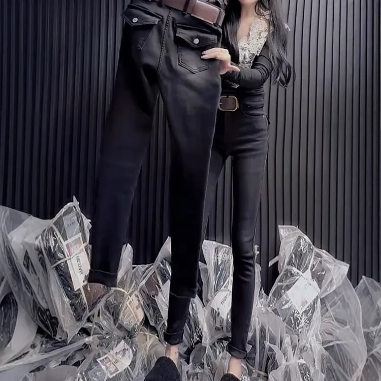 秋冬新款时尚黑灰窄版牛仔小脚裤大码女装高腰显瘦加绒九分铅笔裤