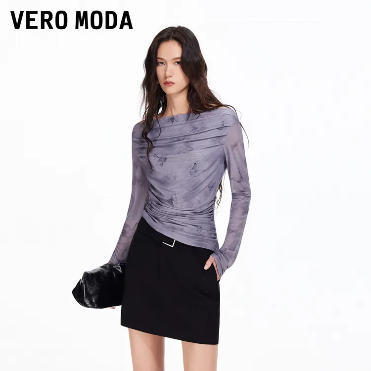 Vero ModaT恤女装2026春季新款一字肩蝴蝶印花抽褶上衣时尚百搭