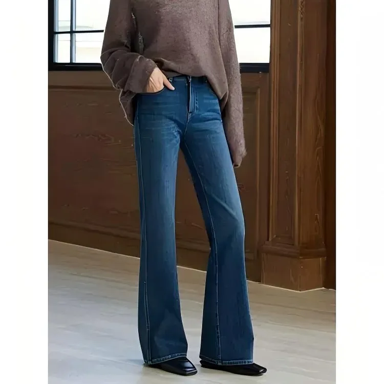 Choumei Home2025秋冬四面弹微喇牛仔裤女 复古深蓝修身喇叭长裤