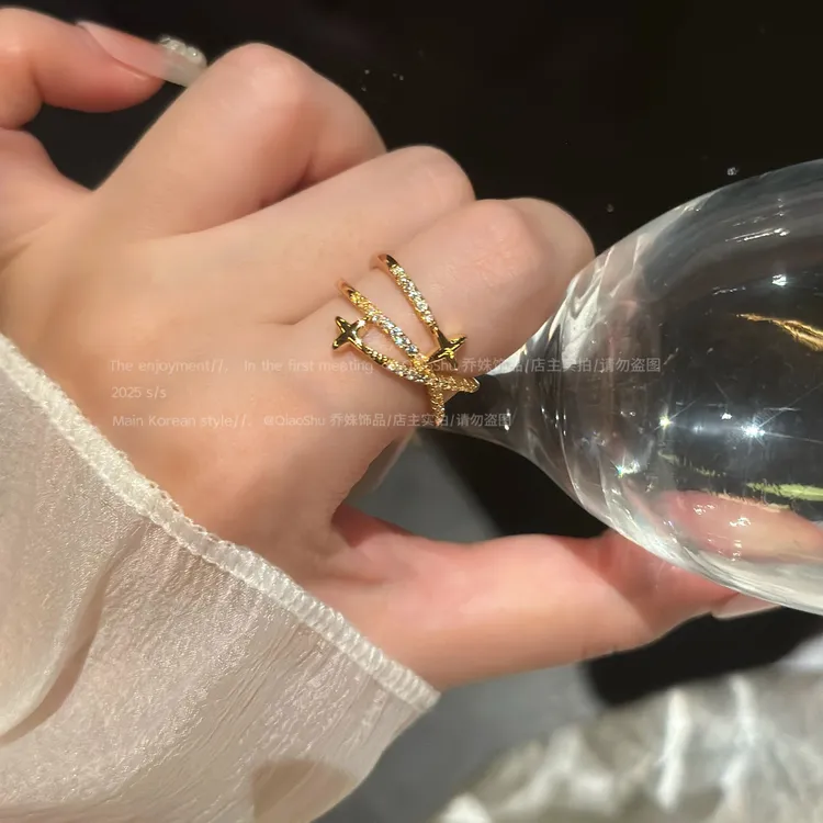 铜合金合成锆石戒指 C540 简约时尚小众设计星芒不规则开口戒指女
