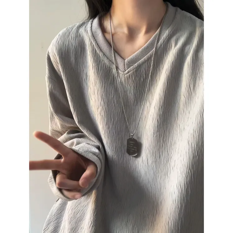 肌理感v领长袖T恤男春秋美式痞帅衣服秋季宽松潮流内搭重磅打底衫