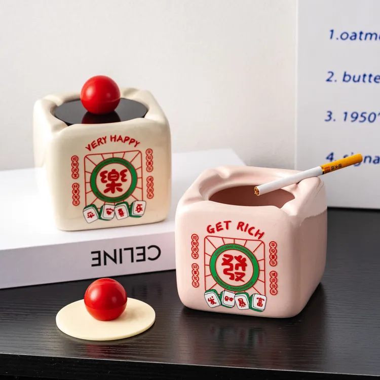 新年复古怀旧搪瓷陶瓷烟灰缸财运大发发财国潮大容量带盖防飞灰