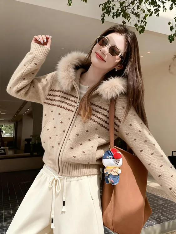 燕麦色费尔岛毛领连帽毛衣外套女秋冬复古气质休闲宽松慵懒风上衣