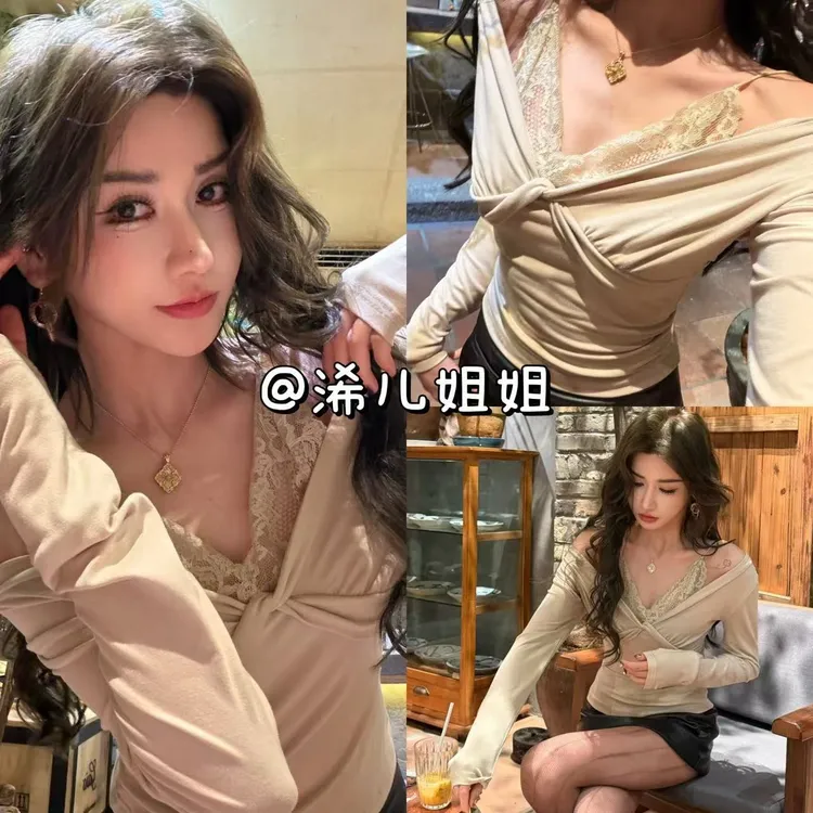 扭结蕾丝纯欲风V领假两件上衣