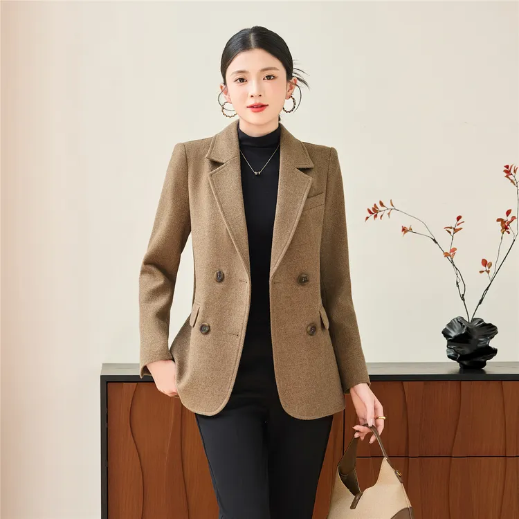 秋冬毛呢西装女外套高级感时尚气质驼色黑色双排扣短款呢子大衣