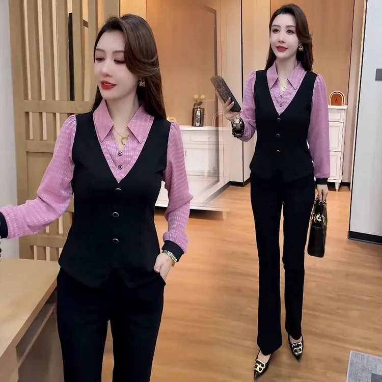 时尚套装女2025秋季新款洋气减龄显瘦假两件衬衣高腰微喇裤两件套