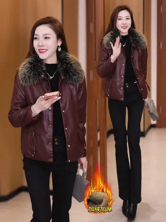 时尚洋气加绒加厚短款皮衣外套女冬季新款宽松显瘦保暖PU皮夹克潮