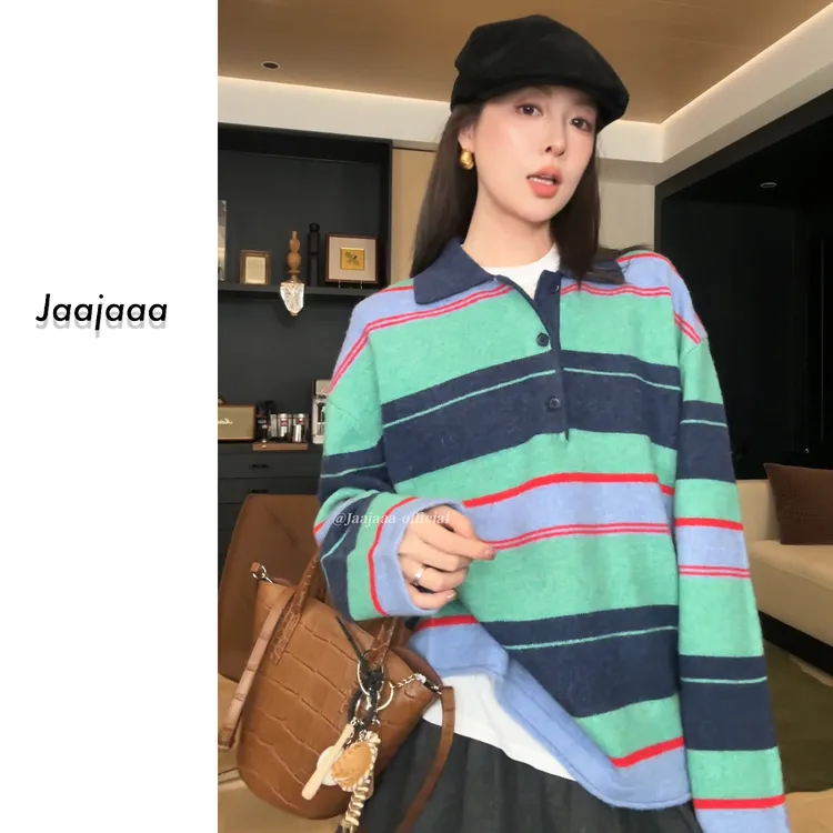 Jaajaaa染尽霜华  冬季小众设计拼色撞色polo领套头针织上衣/ACX
