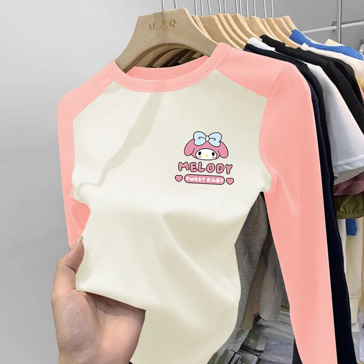 女童德绒T恤打底2025新款儿童春秋长袖洋气卡通休闲拼色上衣外穿