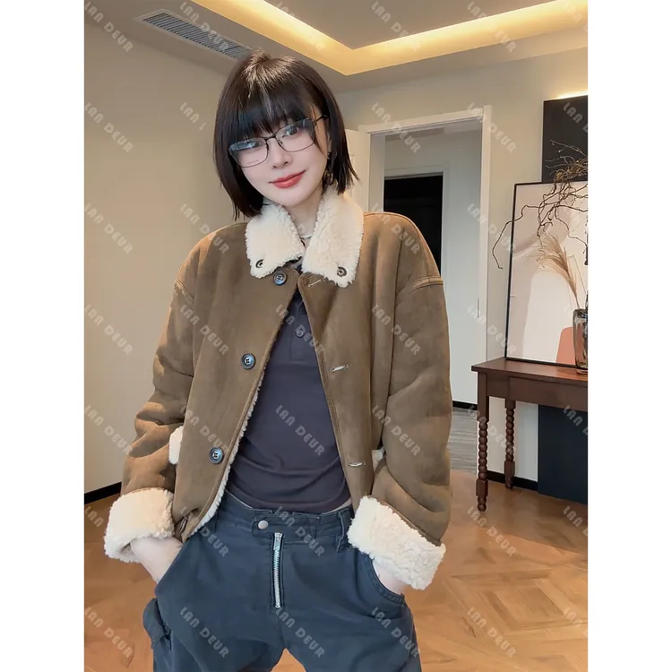 JIUJIU【贝尔多港湾】绵羊毛通勤百搭简约双面穿保暖毛毛外套上衣女