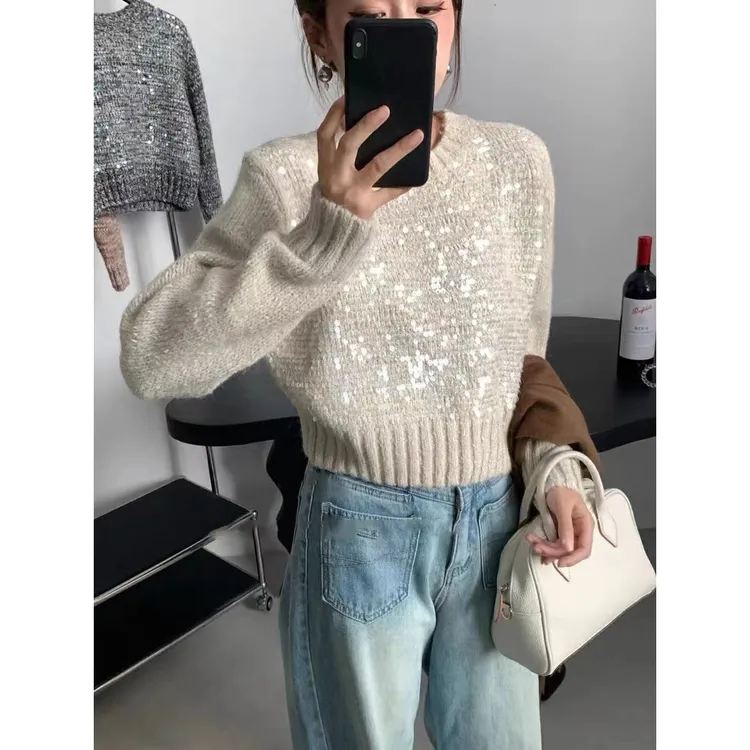 法式亮片针织衫上衣女2025秋冬新款慵懒风套头圆领超好看短款毛衣