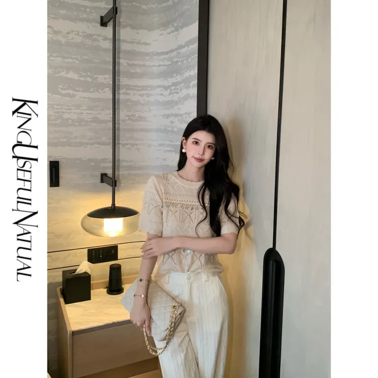 KUN【巴塞印象】夏日波米风 流苏亮片波浪边显瘦短袖镂空针织上衣