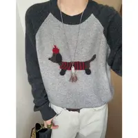 「苹果狗」可爱减龄~秋季圆领拼色卡通小狗宽松减龄针织打底衫-5376