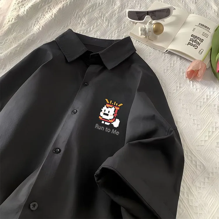 徐太浪潮牌印花短袖衬衫男款宽松休闲夏季新款薄款百搭翻领上衣服