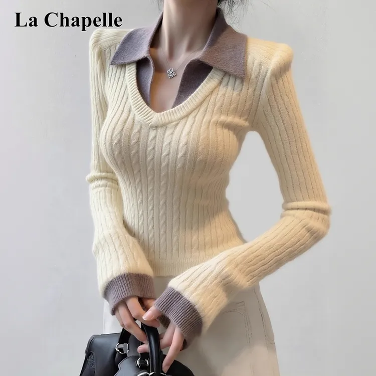 拉夏贝尔奶呼呼软糯针织衫女秋冬款独特内搭打底别致假两件上衣