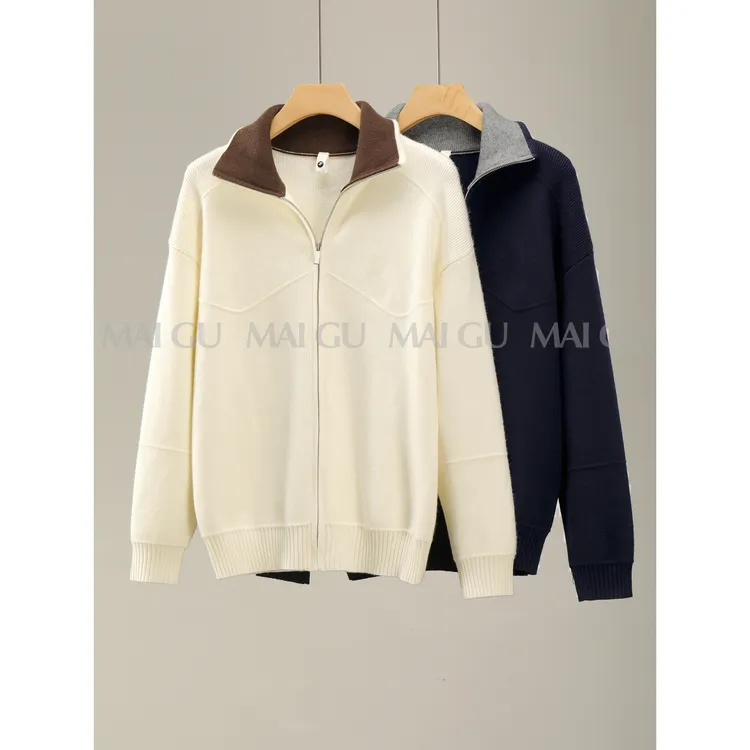 【MAIGU】【刺绣款】高级气质感百搭撞色休闲风拉链针织开衫立领外套