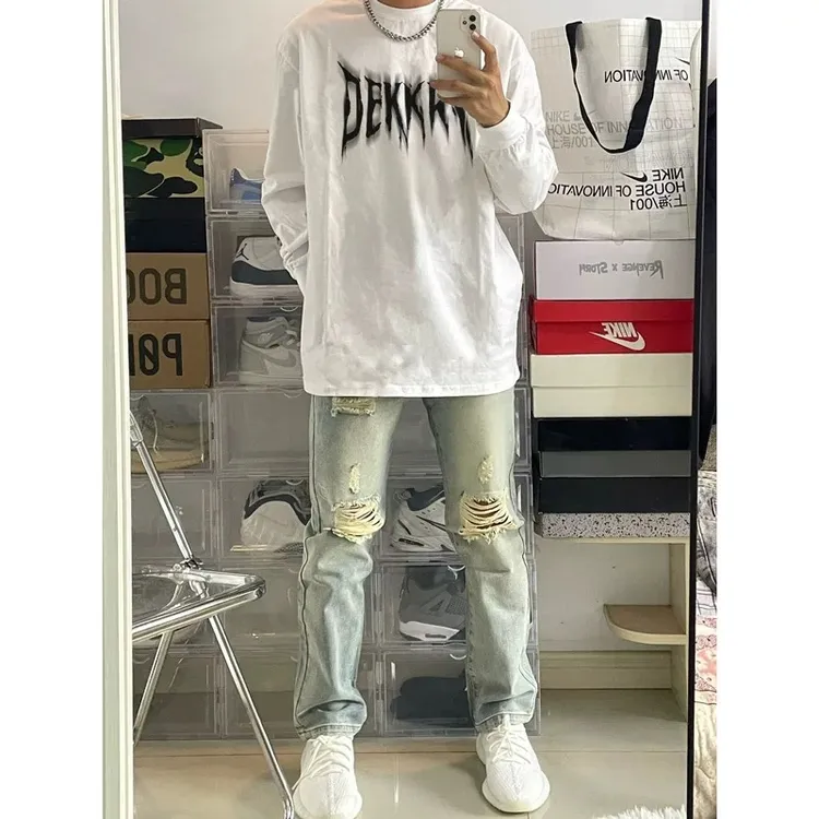 labzaa街vibe字母印花纯棉长袖T恤男秋季街头百搭圆领宽松打底衫
