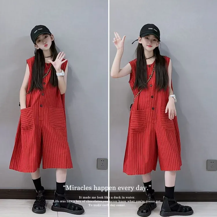 女童连体裤2025夏季新款洋气条纹大口袋七分裤中大童宽松裤子儿童