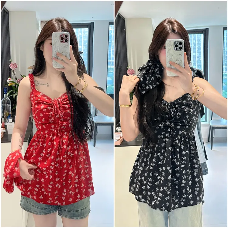 QC李潇洒【巴厘岛假日】微胖夏日碎花V领设计感外穿吊带甜辣小衫