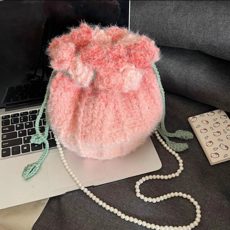 手工编织渐变玫瑰花包包diy花束钩织材料包自制情人节礼物送女友