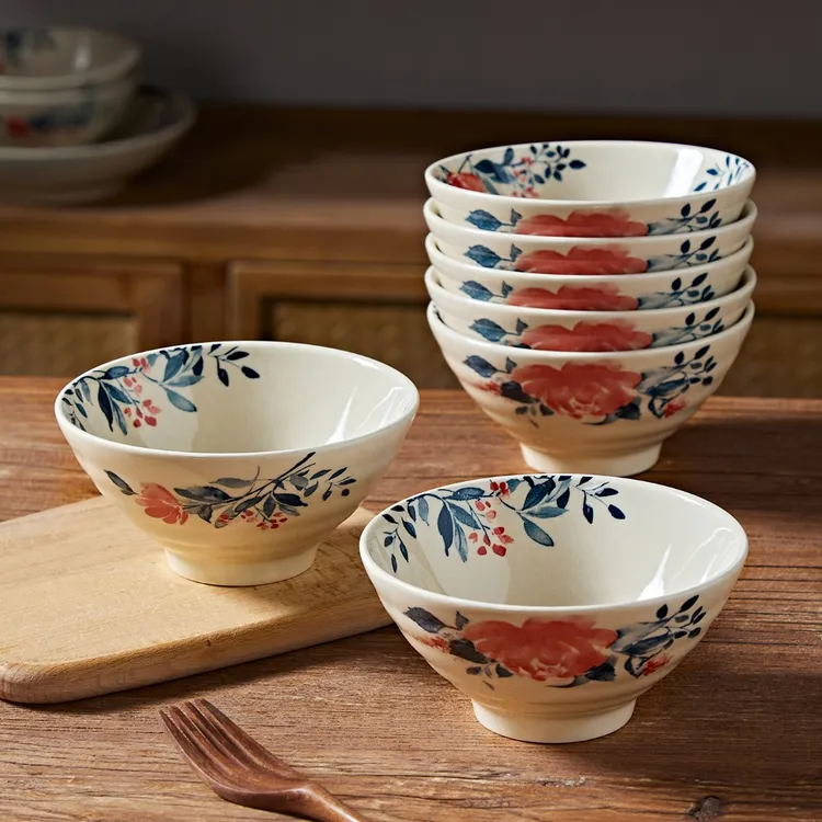 中式米饭碗家用复古陶瓷碗盘高颜值网红餐具吃饭碗面碗拉面碗盘筷