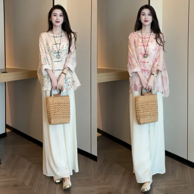 2025年夏秋新款气质苎麻盘扣开 衫外套中国风防晒百搭套装