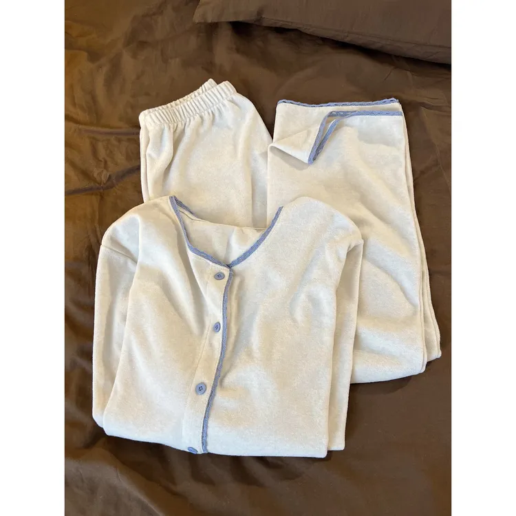 撞色花边德绒可外穿冬季新款睡衣女慵懒感简约加厚保暖套装家居服