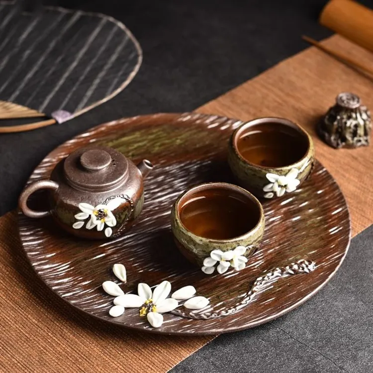 复古柴烧功夫茶具仿古手工家用陶瓷茶盘中式泡茶排水茶台茶杯茶壶