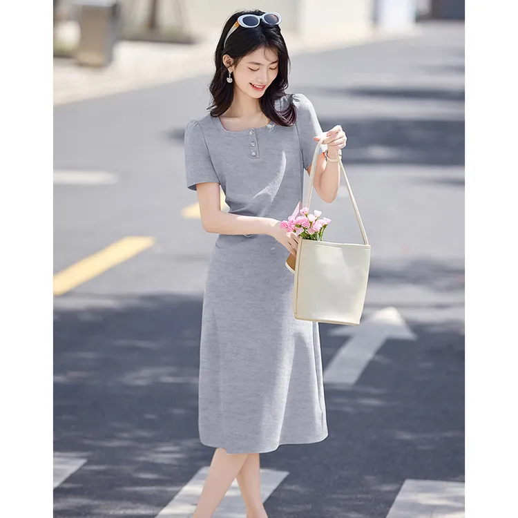 尚静千金风粉色气质收腰连衣裙2025夏季新款U型领短袖中腰中长裙