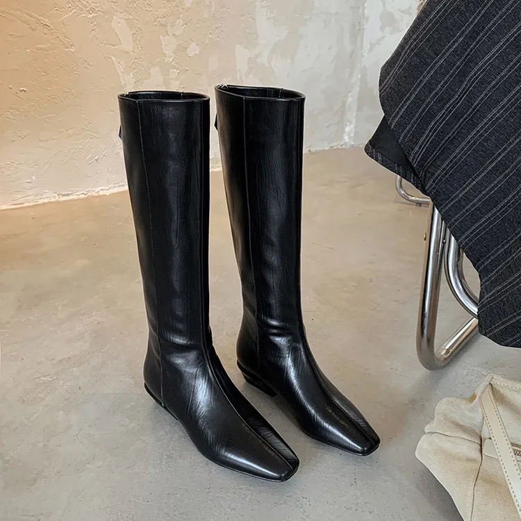 【奢品】3.5cm低跟复古木纹骑士靴女小个子不过膝显瘦藏肉真皮靴