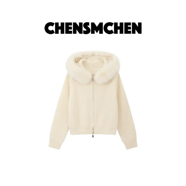 CHENSMCHEN 100绵羊毛狐狸毛领带帽外套女百搭显瘦上衣CSM11622WL