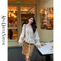 KUN【海雾月光】温温柔柔 钩花手钩毛球v领小花宽松米白针织上衣