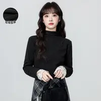 黑色半高领加绒打底衫女冬2025冬季新款蕾丝拼接加厚内搭长袖上衣